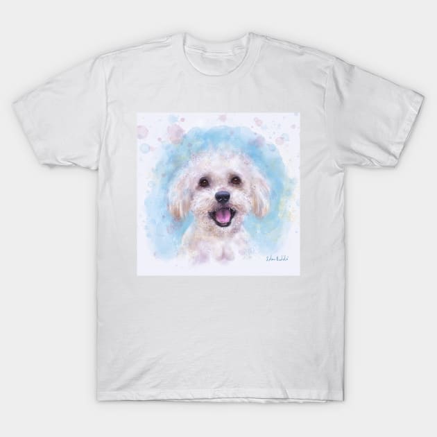 Watercolor Portrait of a Maltese Dog in Light Blue Background T-Shirt by ibadishi